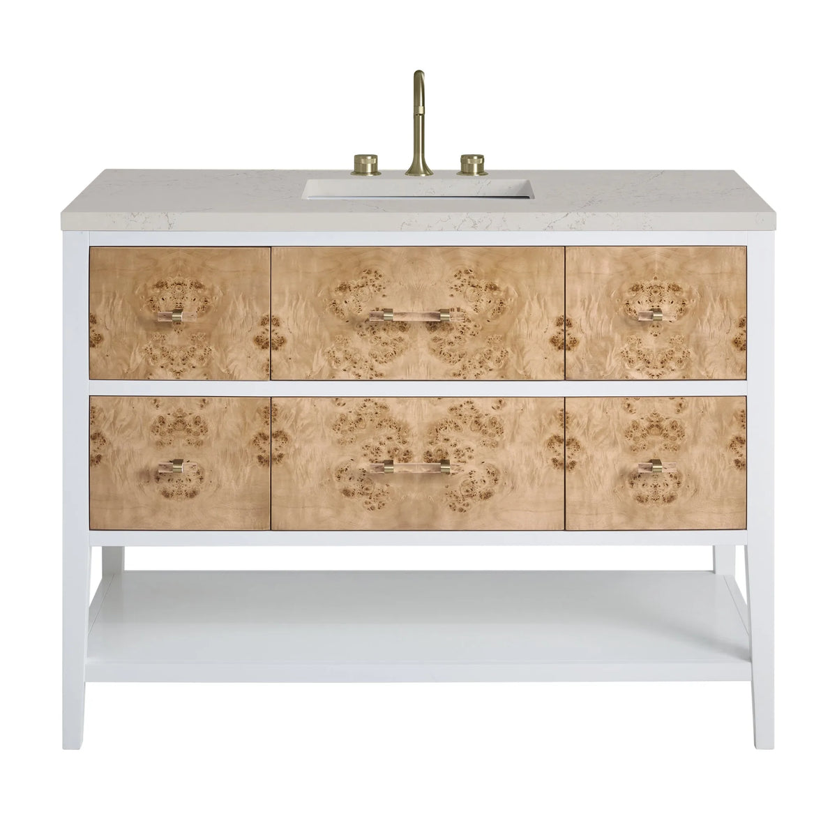 Olena 48" Single Vanity, Light Mappa Burl and Polished White, w/ 3 CM Siberian Silestone Top