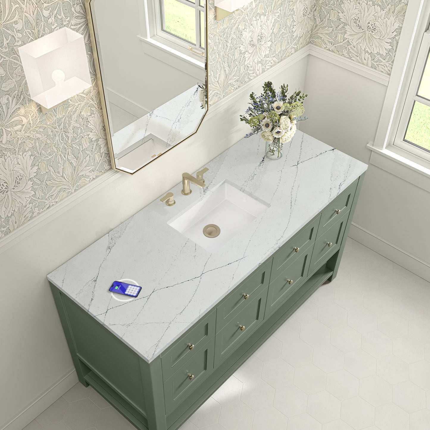 Renovate for Less Atlanta Breckenridge 60" Single Vanity, Smokey Celadon, w/ 3 CM Ethereal Noctis Silestone Top w/ FreePower Wireless Charger