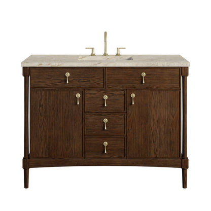 Renovate for Less Atlanta Kinnsden 48" Single Vanity, Sable Oak w/ 3 CM Tajnar Eclos Top w/FreePower Wireless Charger