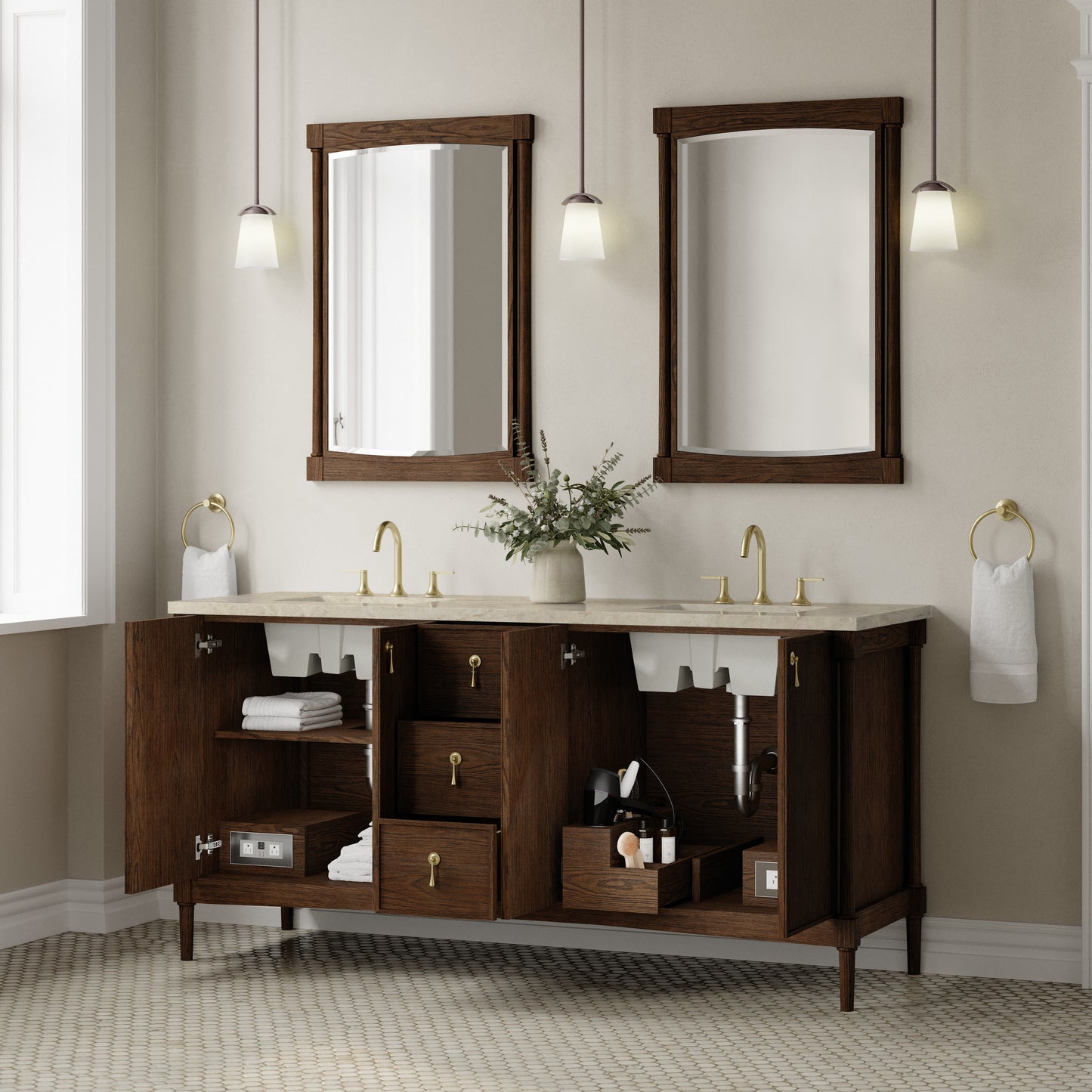 Renovate for Less Atlanta Kinnsden 72" Double Vanity, Sable Oak w/ 3 CM Tajnar Eclos Top w/FreePower Wireless Charger
