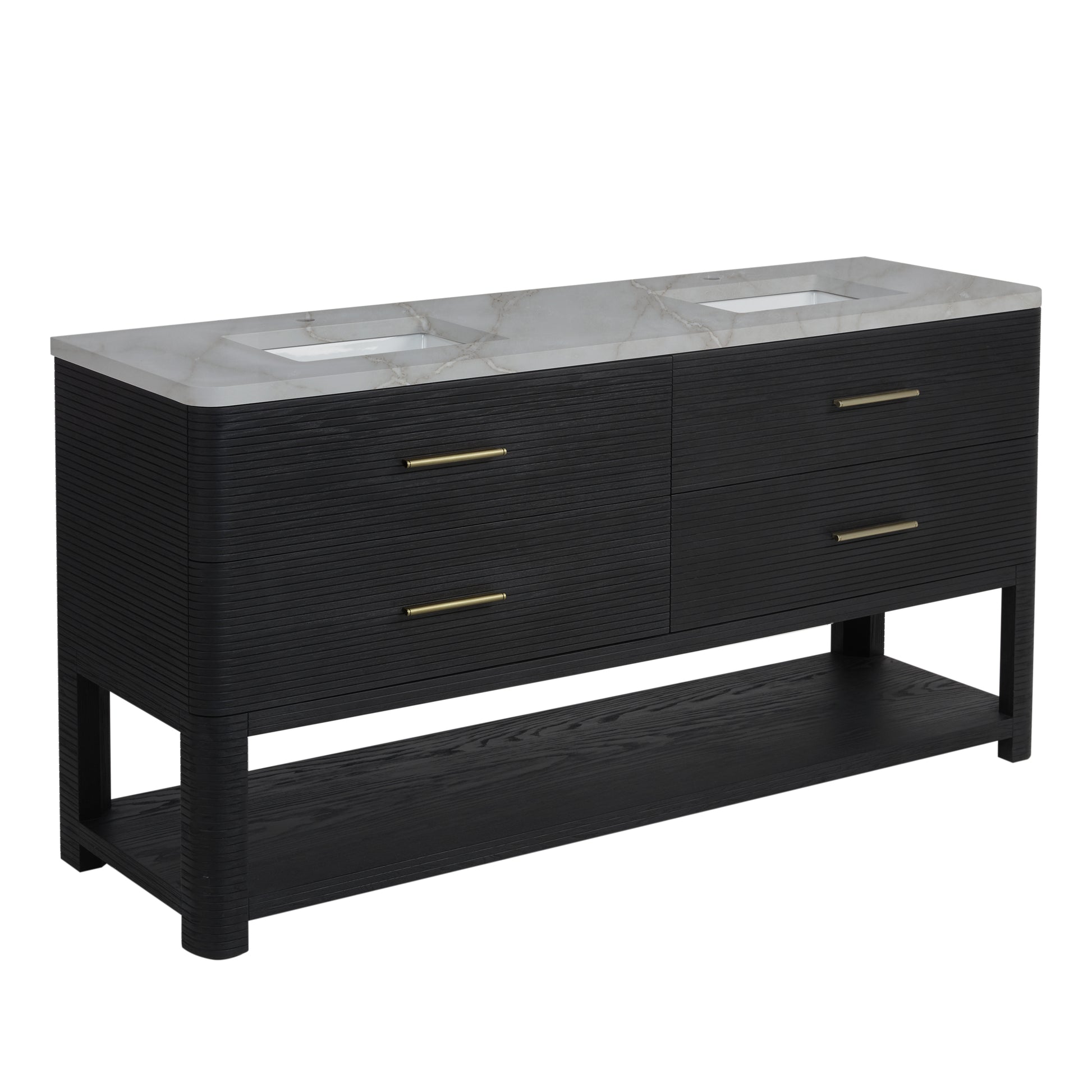 Renovate for Less Atlanta Lucian 72" Double Vanity, Carbon Oak w/ 3 CM Victorian Silver Silestone Top