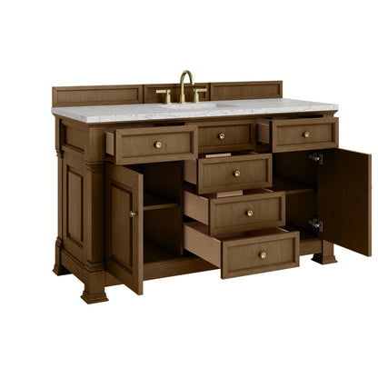 Renovate for Less Atlanta Brookfield 60" Single Vanity, Honey Oak w/3 CM Eternal Jasmine Pearl Silestone Top w/ FreePower Wireless Charger