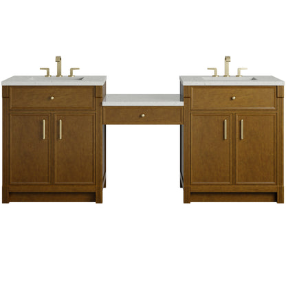 Renovate for Less Atlanta Bellshire 84" Dual Vanity Set with 24" Make-Up Counter, Honey Oak w/3 cm Lime Delight Silestone Top