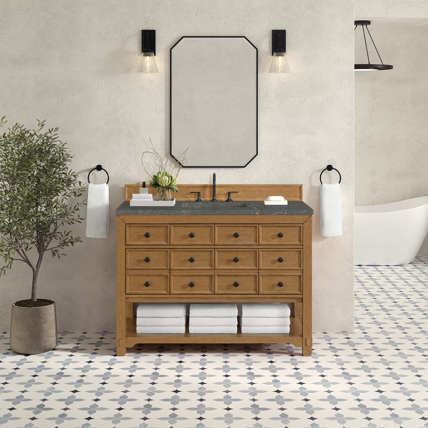 Renovate for Less Atlanta Malibu 48" Single Vanity, Amber Birch w/ 3 CM Parisien Bleu Silestone Top w/ FreePower Wireless Charger