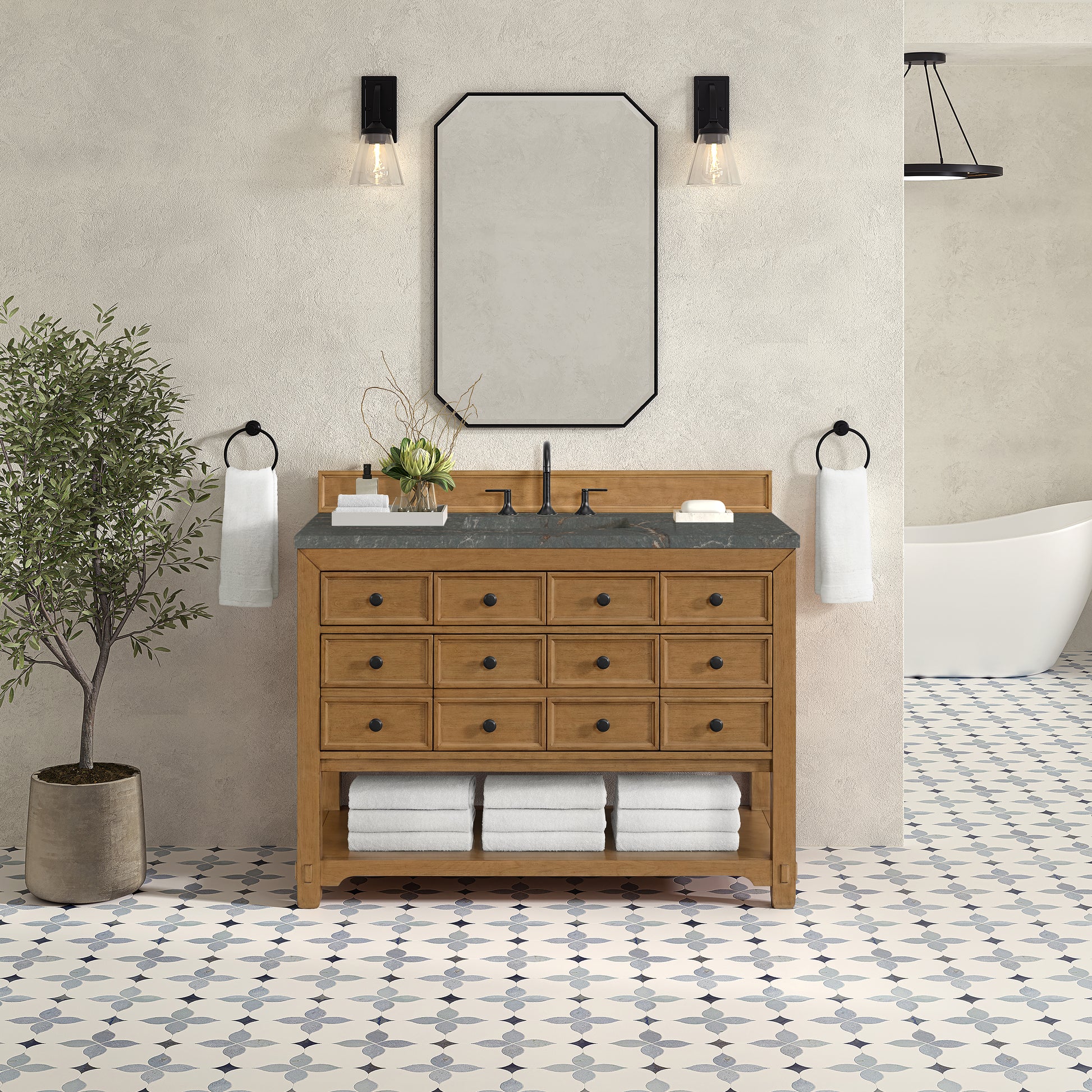 Renovate for Less Atlanta Malibu 48" Single Vanity, Amber Birch w/ 3 CM Parisien Bleu Silestone Top w/ FreePower Wireless Charger