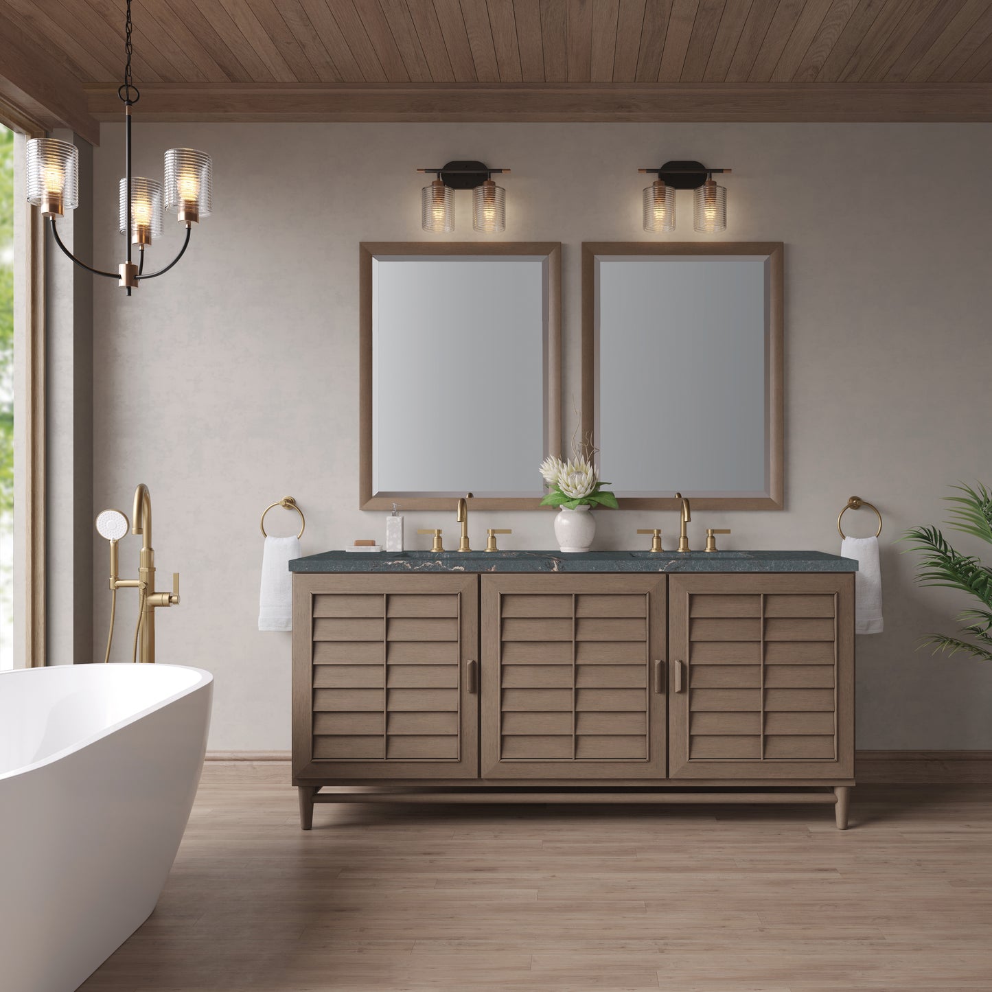 Renovate for Less Atlanta Portland 72" Double Vanity Whitewashed Walnut w/ 3 CM Parisien Bleu Silestone Top w/FreePower Wireless Charger