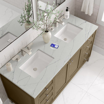 Renovate for Less Atlanta Chicago 60" Double Vanity, Walnut Whisper, w/ 3 CM Ethereal Noctis Silestone® Top w/FreePower Wireless Charger