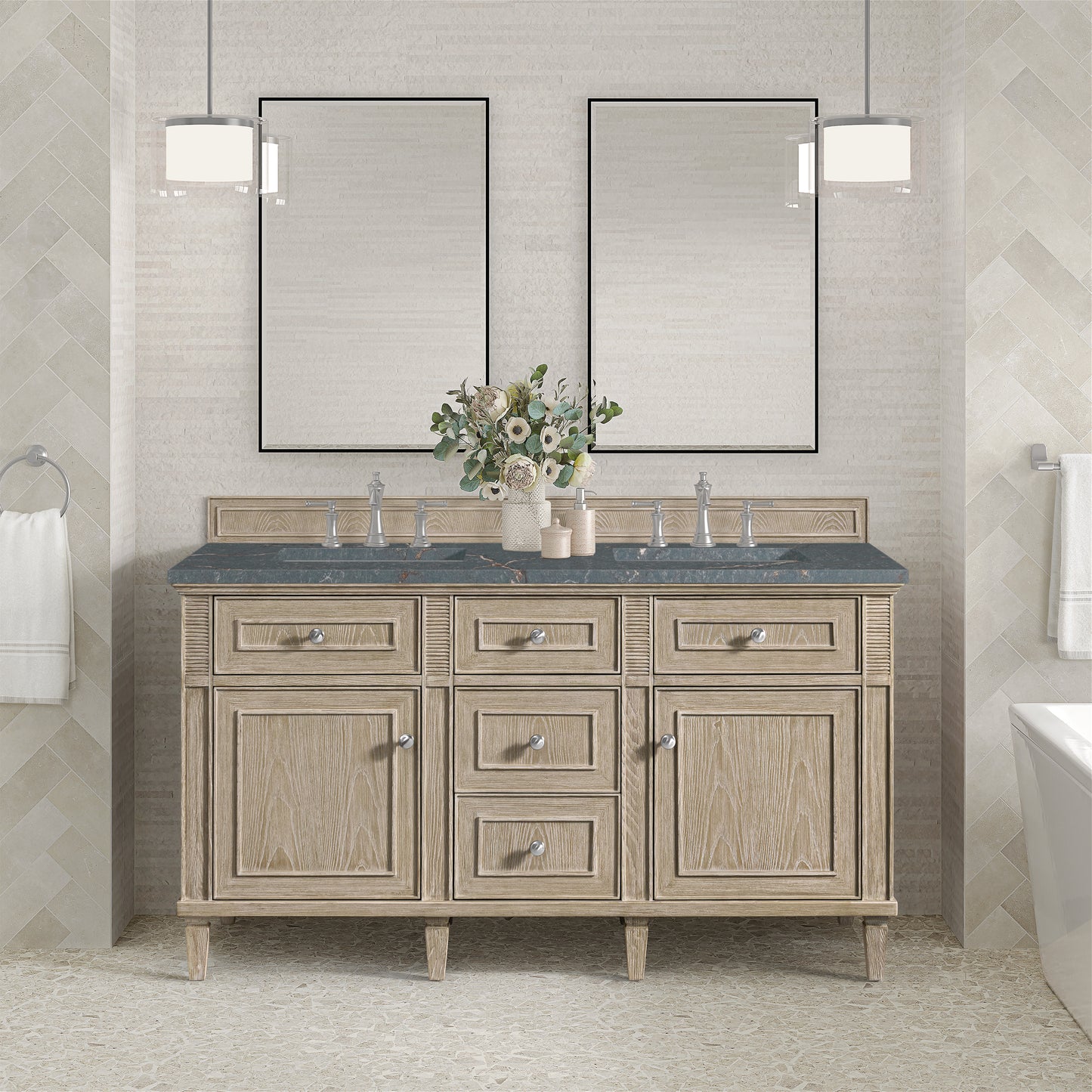 Renovate for Less Atlanta Lorelai 60" Double Vanity, Whitewashed Oak w/ 3 CM Parisien Bleu Silestone Top w/FreePower Wireless Charger