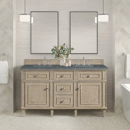 Lorelai 60" Double Vanity, Whitewashed Oak w/ 3 CM Parisien Bleu Silestone Top w/FreePower Wireless Charger