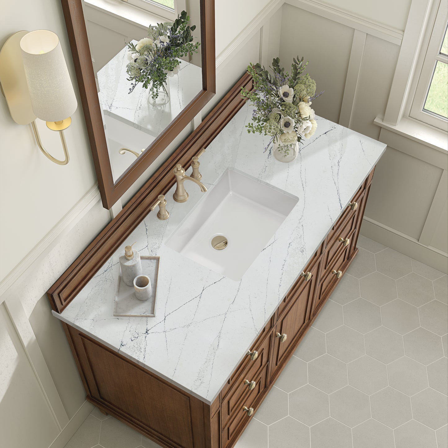 Renovate for Less Atlanta Lorelai 48" Single Vanity, Mid-Century Walnut w/ 3 CM Ethereal Noctis Silestone Top w/FreePower Wireless Charger