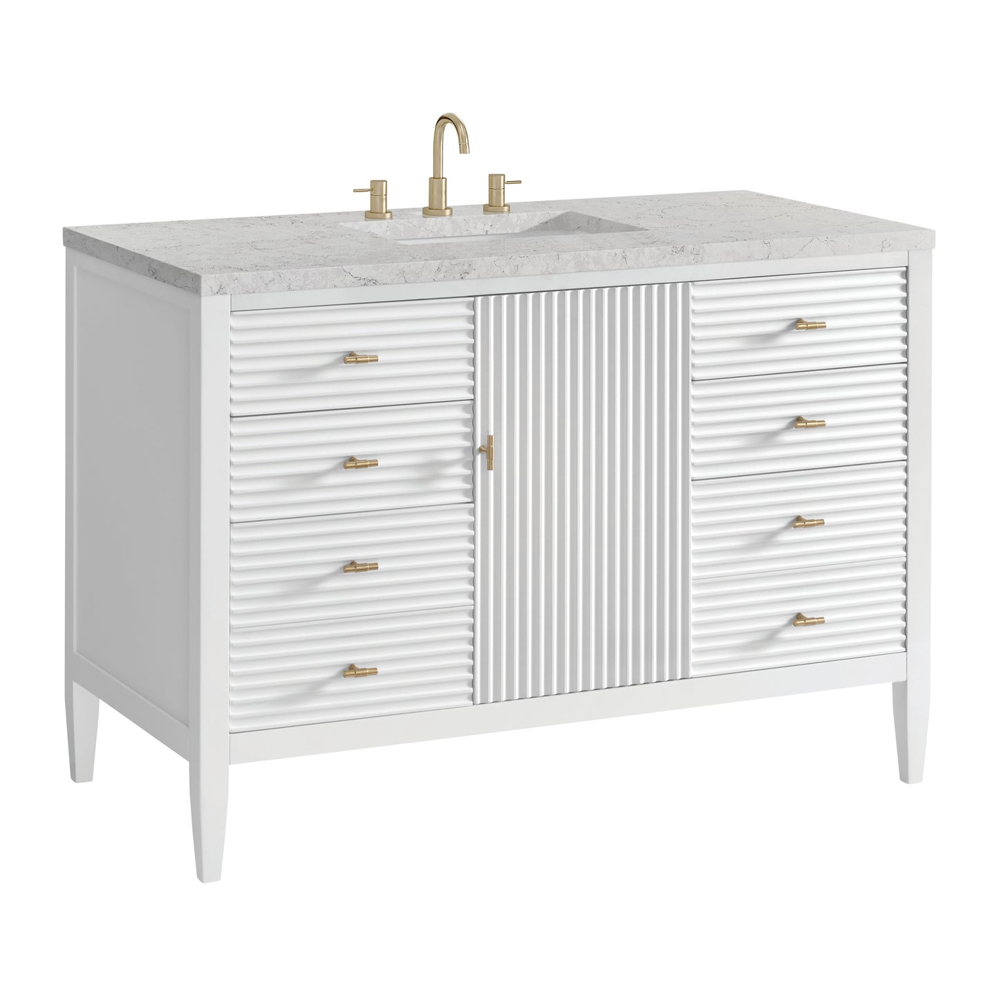 Renovate for Less Atlanta Myrrin 48" Single Vanity, Bright White w/ 3 CM Eternal Jasmine Pearl Silestone Top w/FreePower Wireless Charger