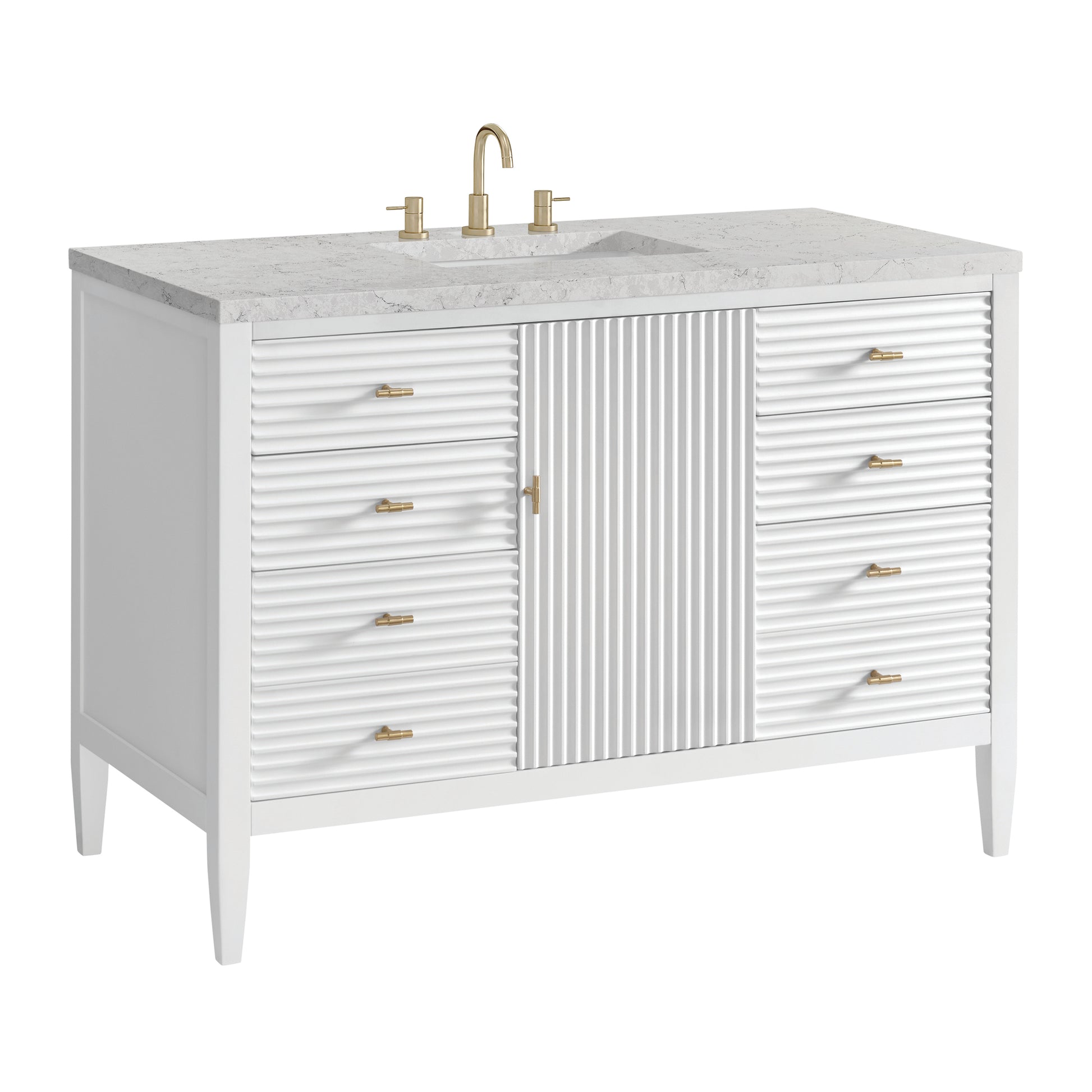 Renovate for Less Atlanta Myrrin 48" Single Vanity, Bright White w/ 3 CM Eternal Jasmine Pearl Silestone Top w/FreePower Wireless Charger