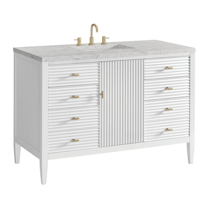 Renovate for Less Atlanta Myrrin 48" Single Vanity, Bright White w/ 3 CM Eternal Jasmine Pearl Silestone Top w/FreePower Wireless Charger
