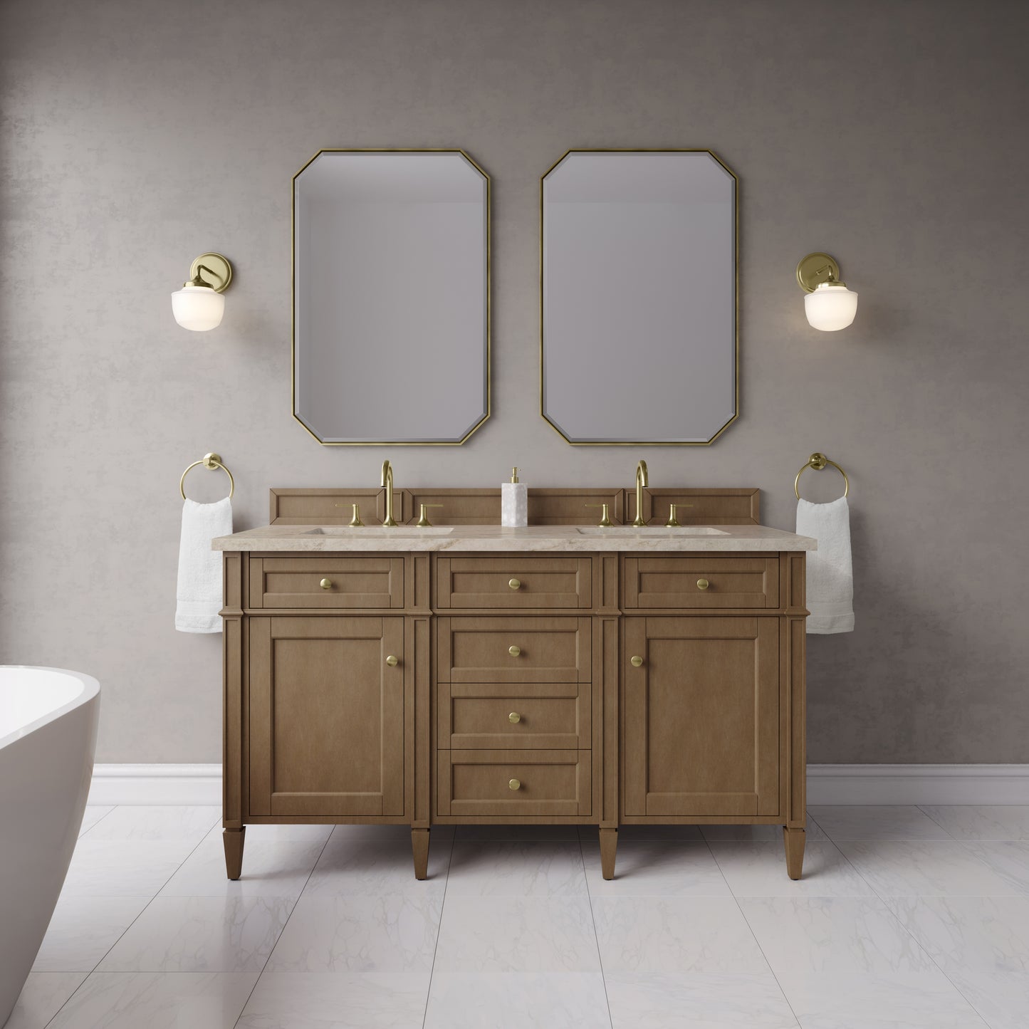 Renovate for Less Atlanta Brittany 60" Double Vanity, Pecan w/ 3 CM Tajnar Eclos Top