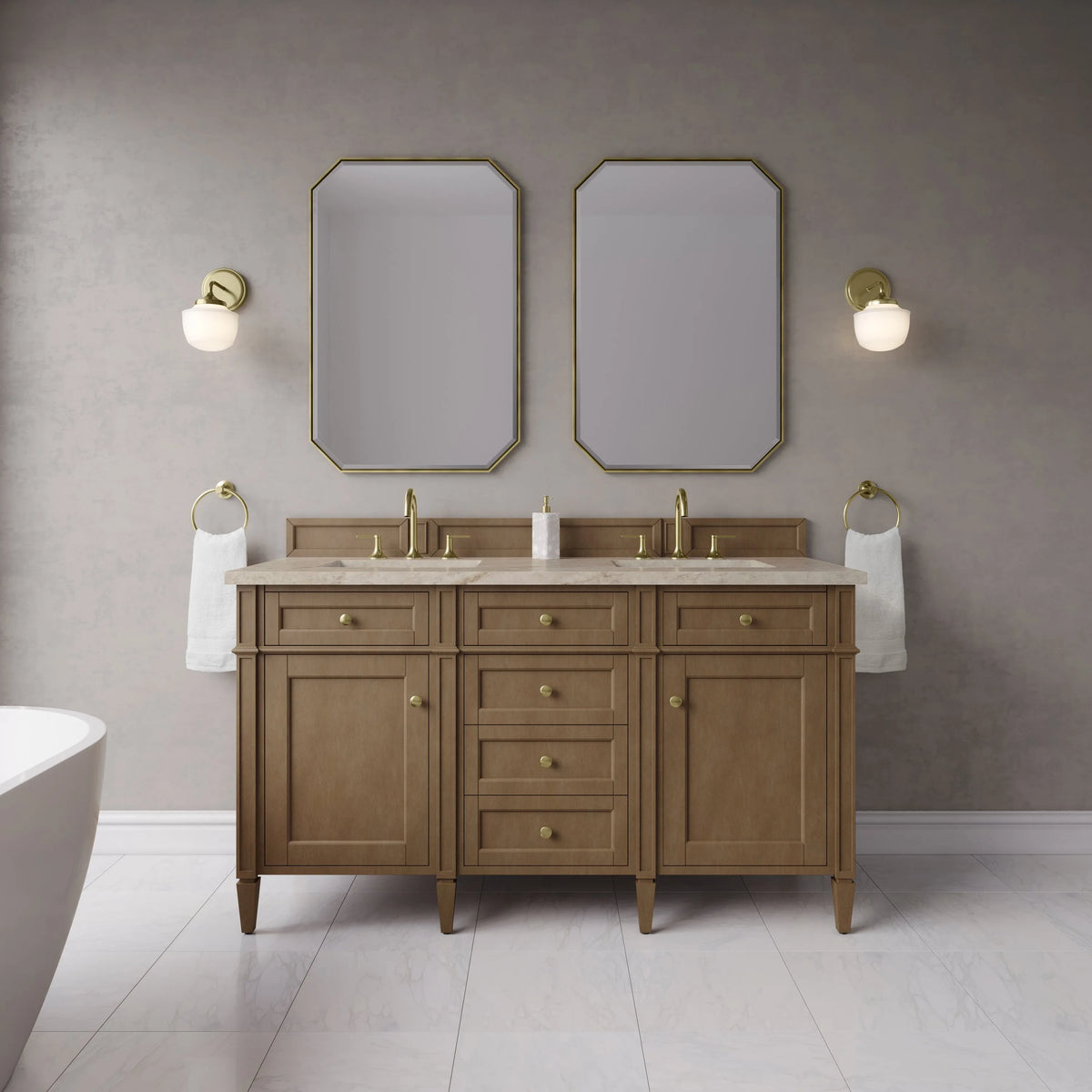 Brittany 60" Double Vanity, Pecan w/ 3 CM Tajnar Eclos Top