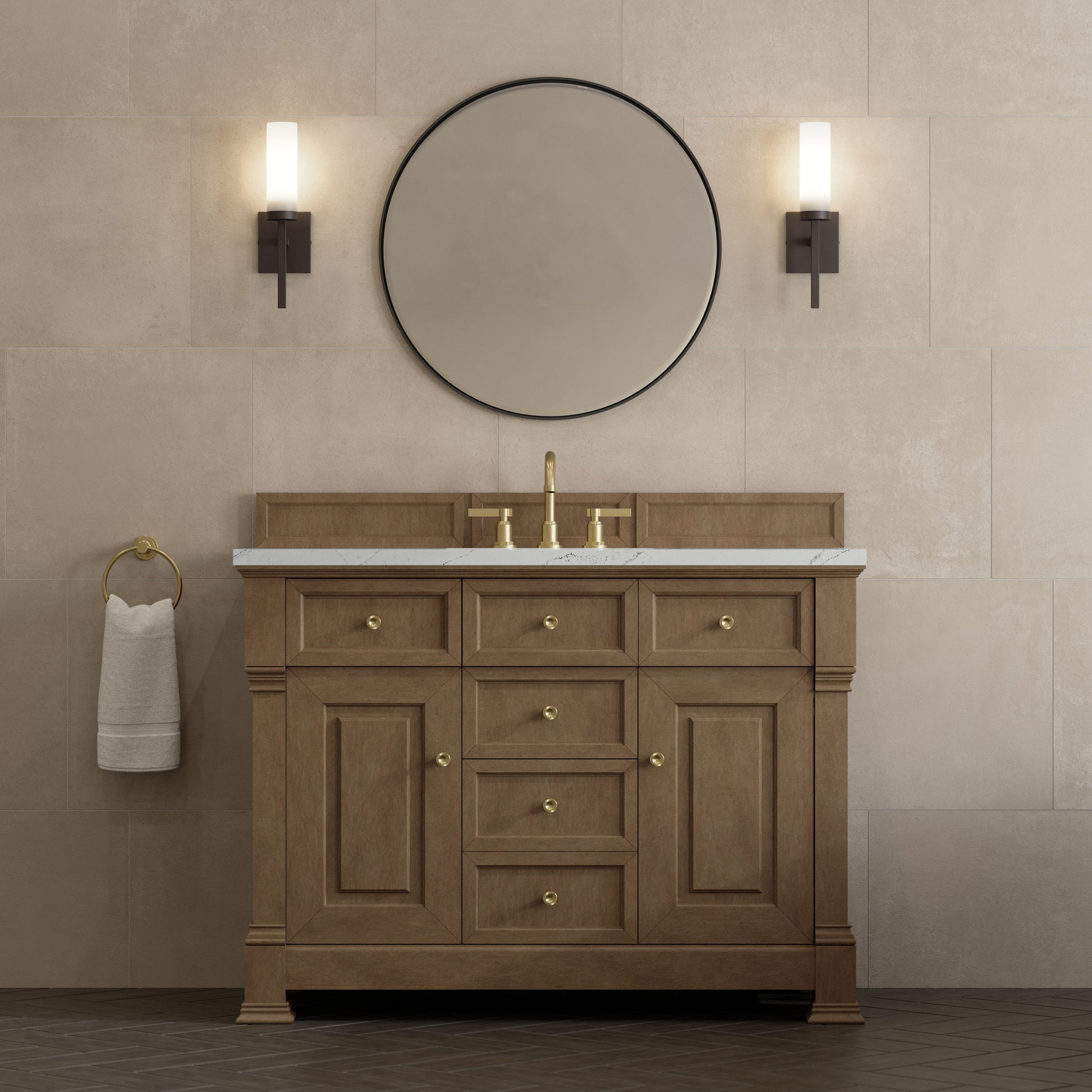 Renovate for Less Atlanta Brookfield 48" Single Vanity, Pecan w/ 3 CM Ethereal Noctis Silestone Top