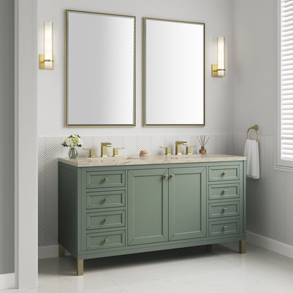 Renovate for Less Atlanta Chicago 60" Double Vanity, Smokey Celadon, w/ 3 CM Tajnar Eclos Top w/FreePower Wireless Charger