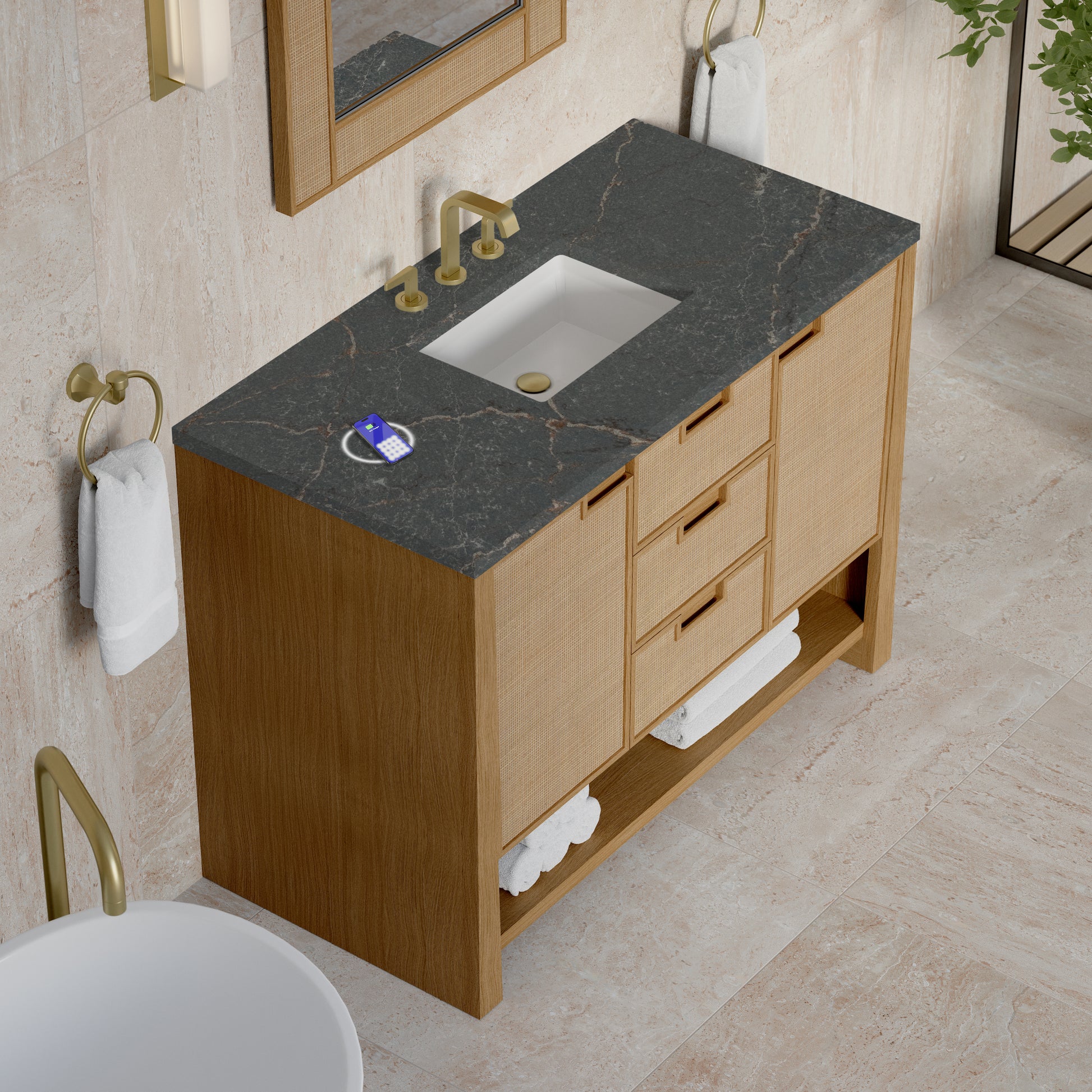 Renovate for Less Atlanta Solene 48" Single Vanity, Seaside Oak, w/ 3 CM Parisien Bleu Silestone Top w/ FreePower Wireless Charger