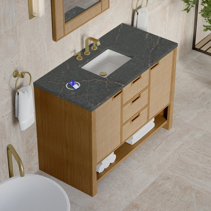 Renovate for Less Atlanta Solene 48" Single Vanity, Seaside Oak, w/ 3 CM Parisien Bleu Silestone Top w/ FreePower Wireless Charger