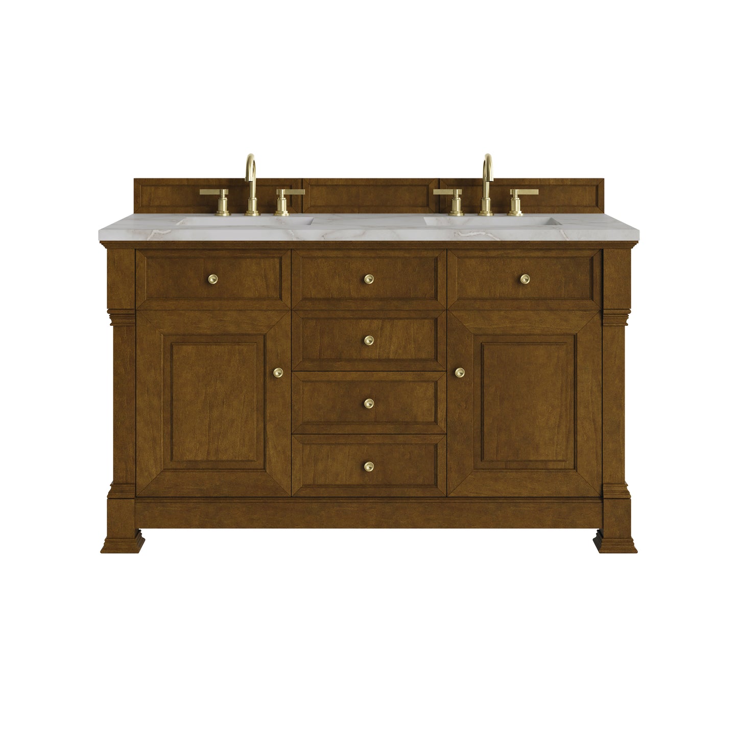 Renovate for Less Atlanta Brookfield 60" Double Vanity, Honey Oak w/ 3 CM Victorian Silver Silestone Top w/FreePower Wireless Charger