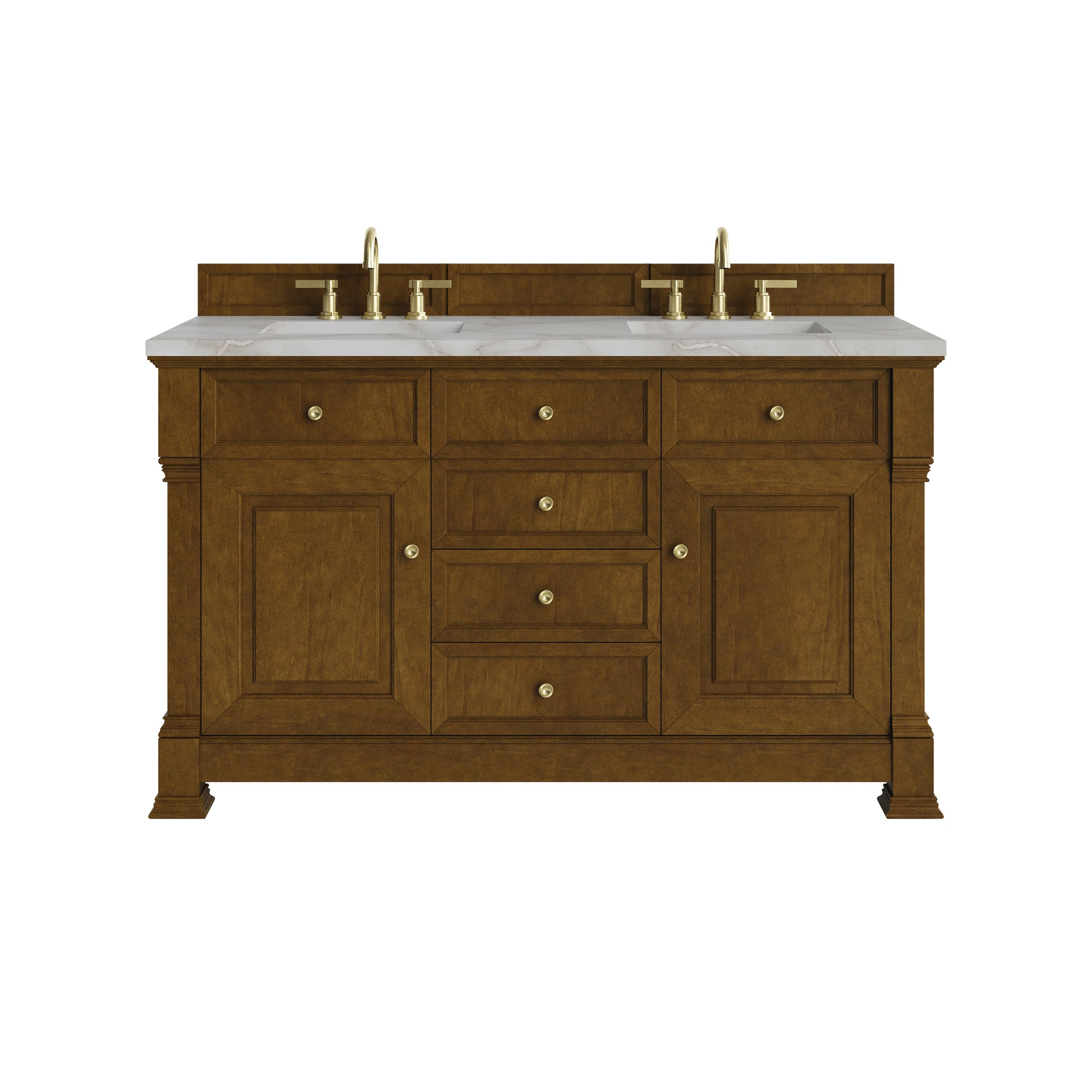 Renovate for Less Atlanta Brookfield 60" Double Vanity, Honey Oak w/ 3 CM Victorian Silver Silestone Top w/FreePower Wireless Charger