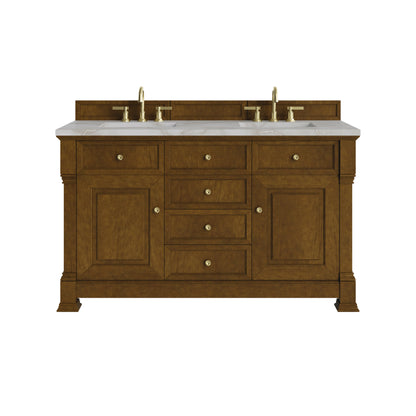 Renovate for Less Atlanta Brookfield 60" Double Vanity, Honey Oak w/ 3 CM Victorian Silver Silestone Top w/FreePower Wireless Charger