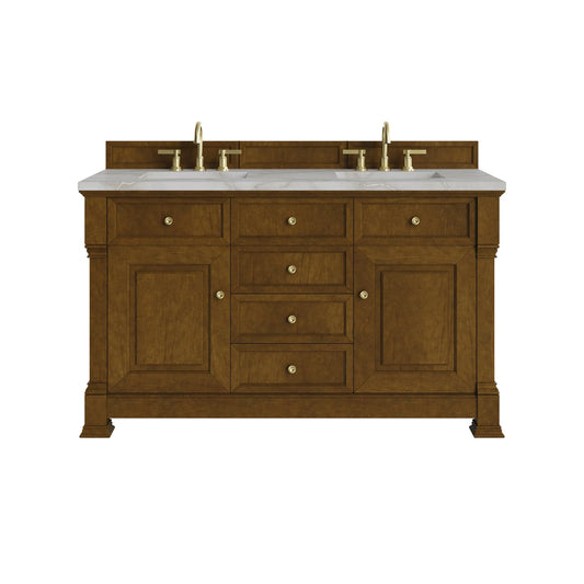 Brookfield 60" Double Vanity, Honey Oak w/ 3 CM Victorian Silver Silestone Top