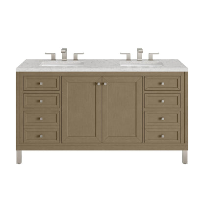 Chicago 60" Double Vanity, Walnut Whisper, w/ 3 CM Eternal Jasmine Pearl Silestone® Top