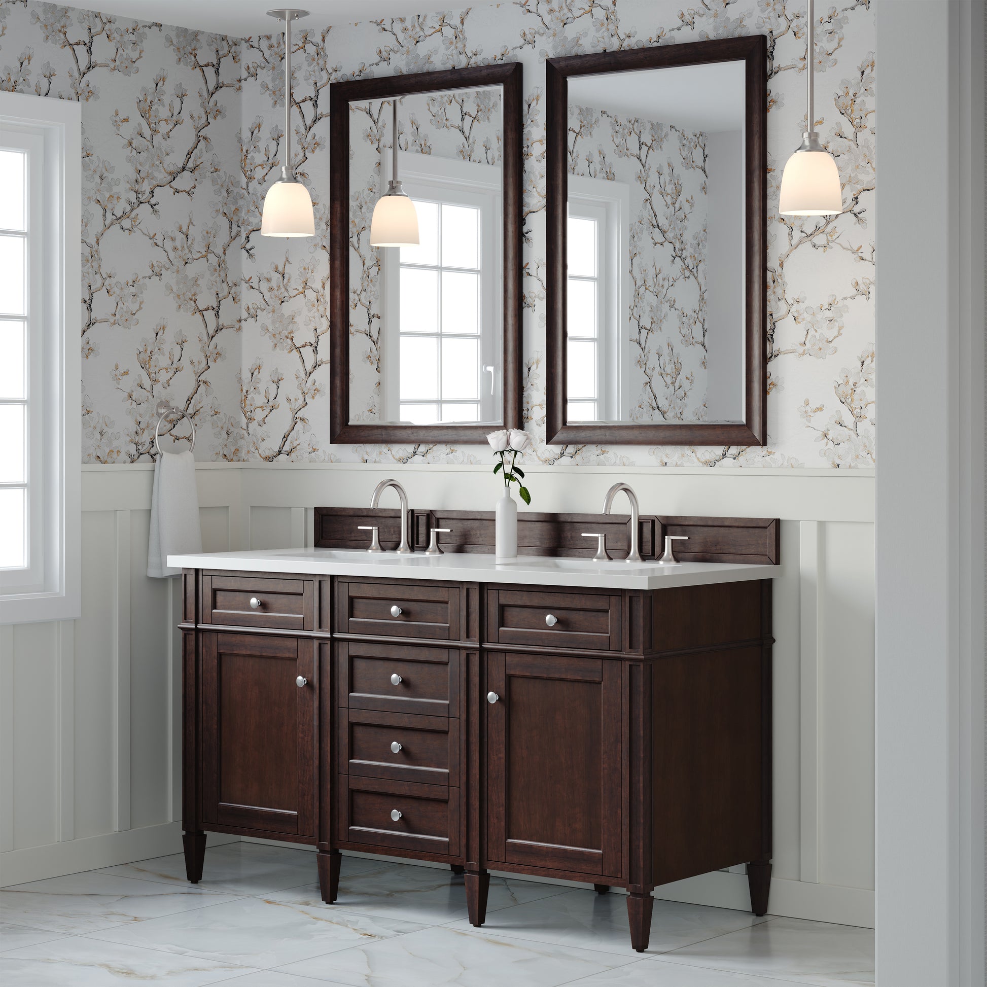 Renovate for Less Atlanta Brittany 60" Double Vanity, Burnished Mahogany w/ 3 CM White Zeus Silestone Top