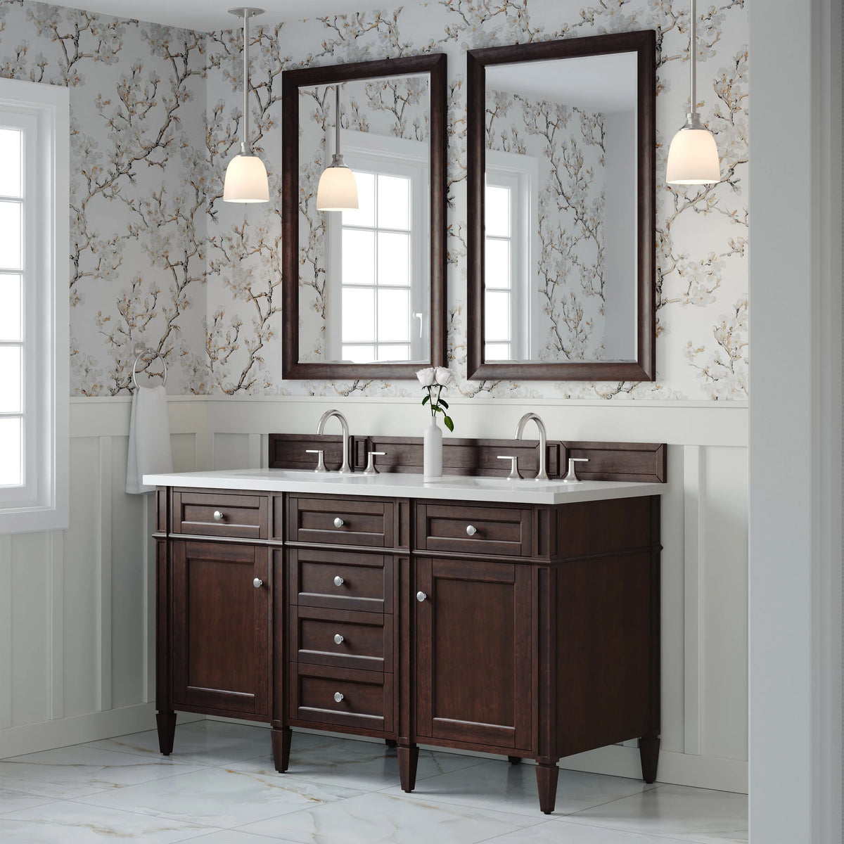 Brittany 60" Double Vanity, Burnished Mahogany w/ 3 CM White Zeus Silestone Top