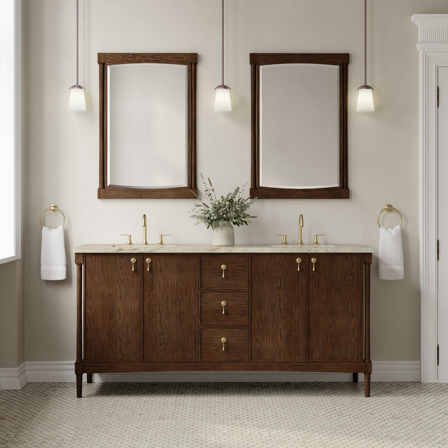 Renovate for Less Atlanta Kinnsden 72" Double Vanity, Sable Oak w/ 3 CM Tajnar Eclos Top w/FreePower Wireless Charger