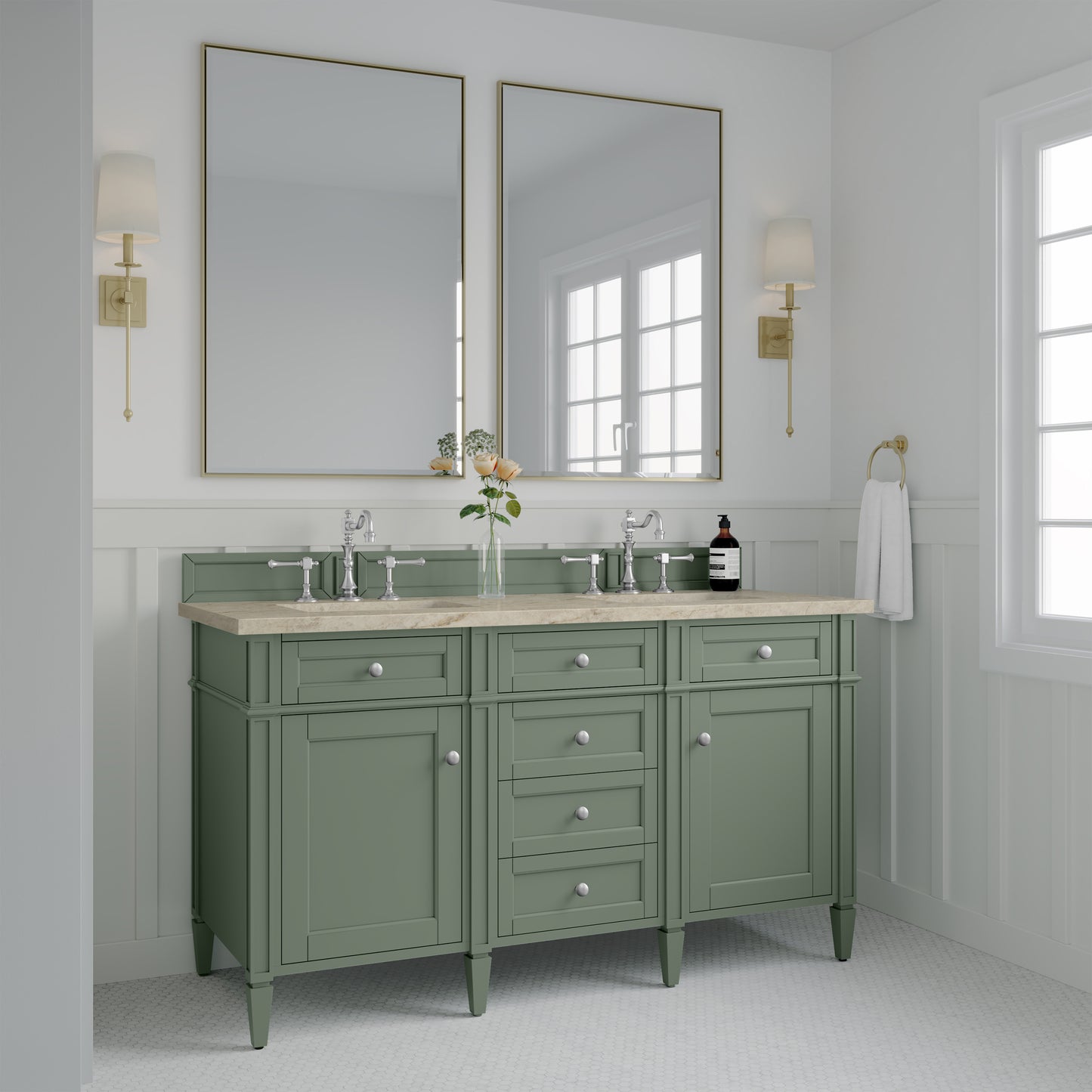 Renovate for Less Atlanta Brittany 60" Double Vanity, Smokey Celadon, w/ 3 CM Tajnar Eclos Top