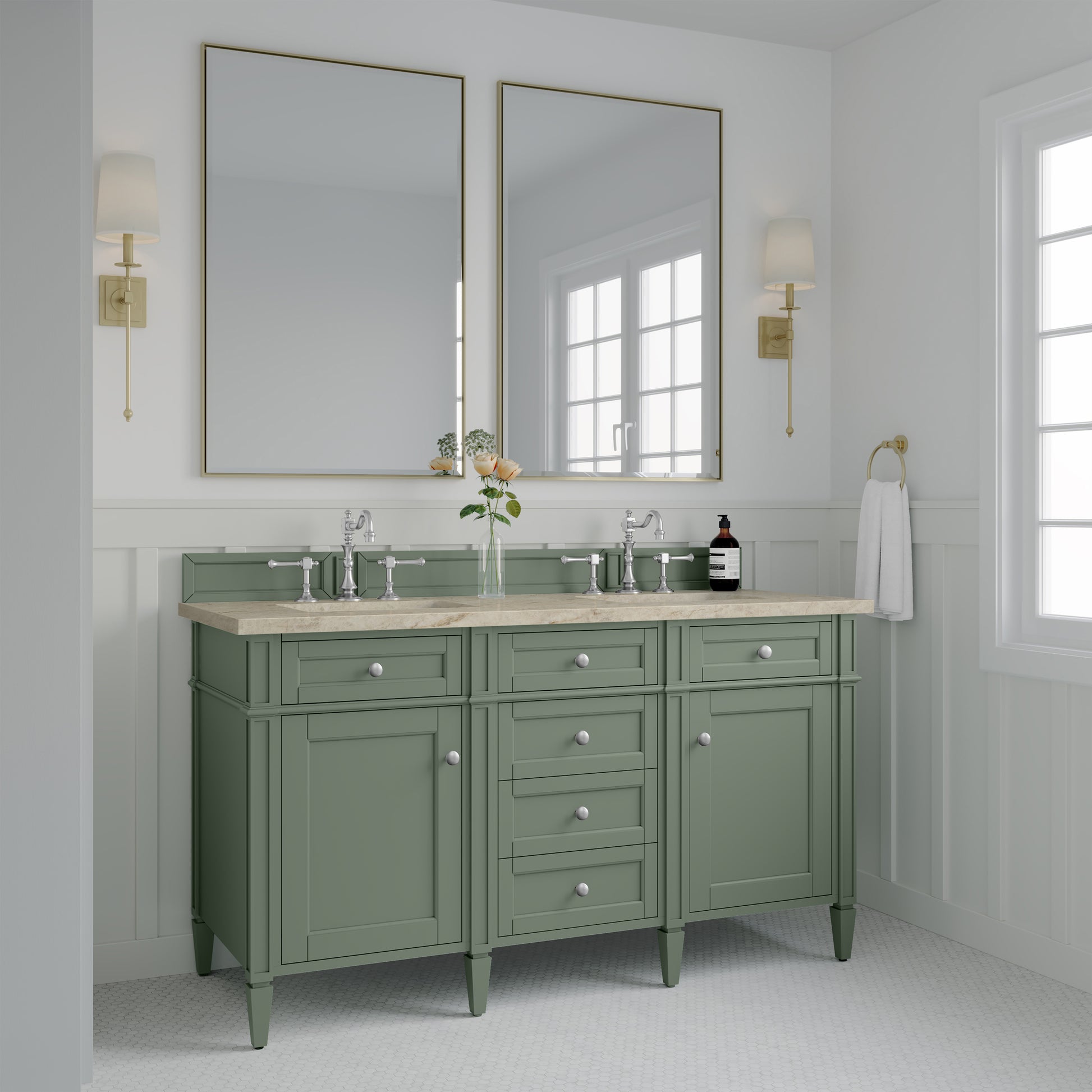 Renovate for Less Atlanta Brittany 60" Double Vanity, Smokey Celadon, w/ 3 CM Tajnar Eclos Top