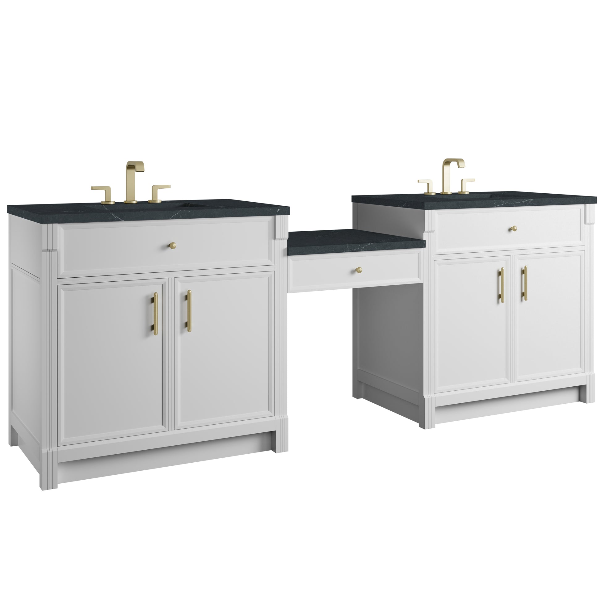 Renovate for Less Atlanta Bellshire 96" Dual Vanity Set with 24" Make-Up Counter, Bright White w/3 cm Charcoal Soapstone Silestone Top