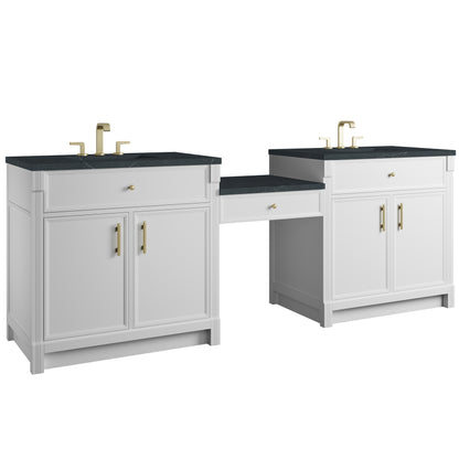 Renovate for Less Atlanta Bellshire 96" Dual Vanity Set with 24" Make-Up Counter, Bright White w/3 cm Charcoal Soapstone Silestone Top