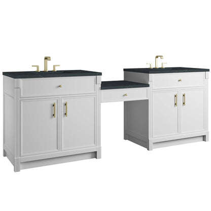 Bellshire 96" Dual Vanity Set with 24" Make-Up Counter, Bright White w/3 cm Charcoal Soapstone Silestone Top