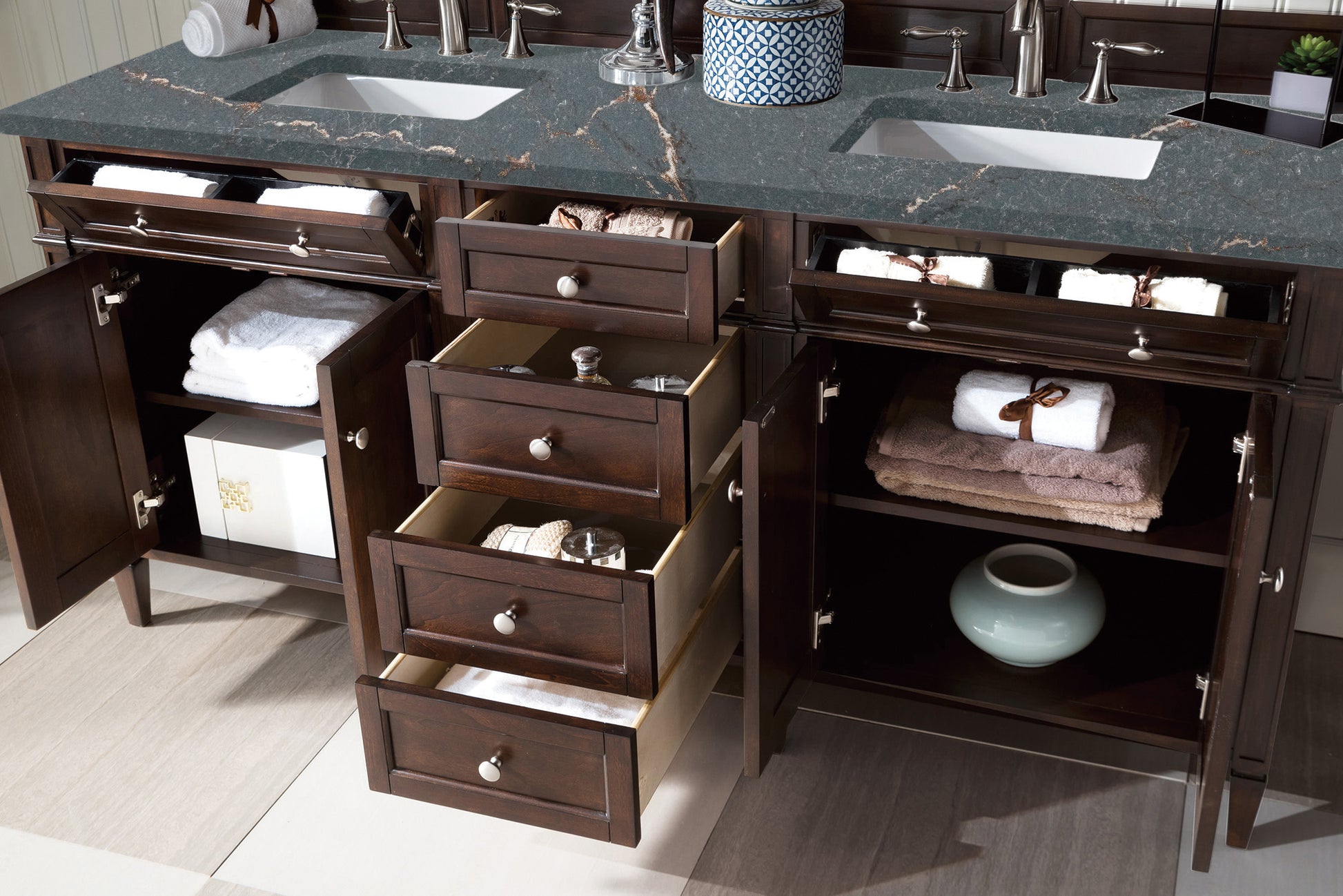Renovate for Less Atlanta Brittany 72" Double Vanity, Burnished Mahogany w/ 3 CM Parisien Bleu Silestone Top