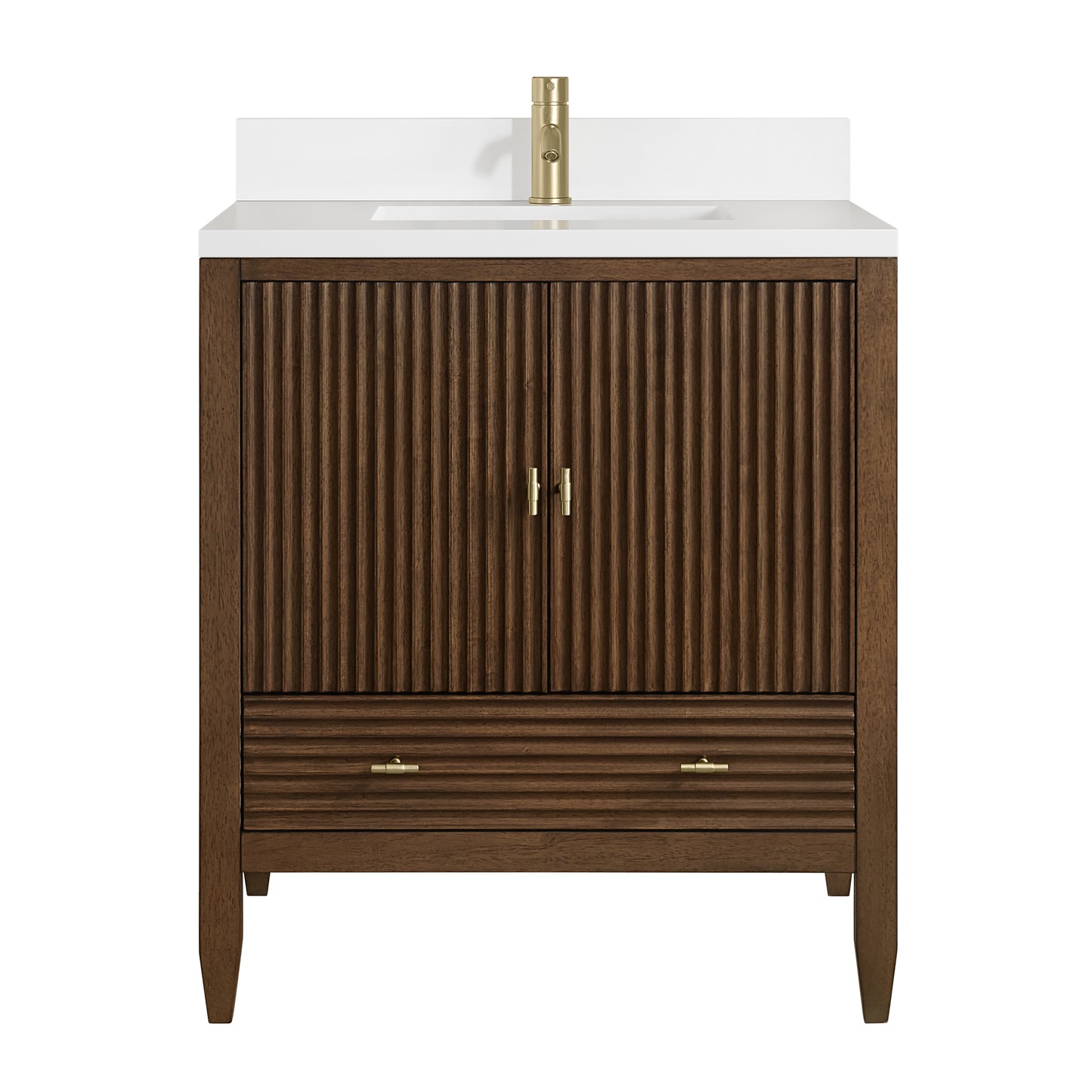 Renovate for Less Atlanta Myrrin 30" Single Vanity, Mid-Century Walnut w/ Single Hole 3 CM White Zeus Silestone Top and Matching Backsplash