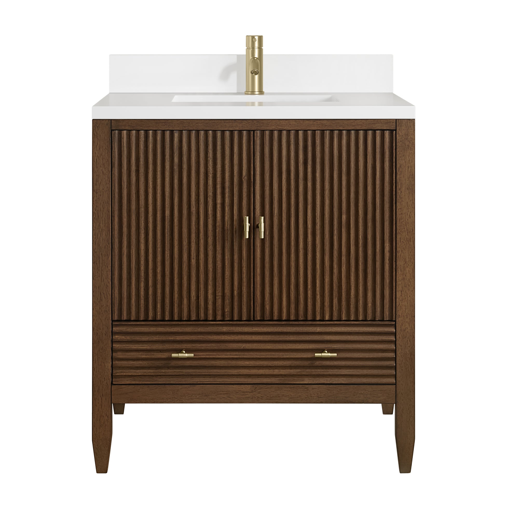 Renovate for Less Atlanta Myrrin 30" Single Vanity, Mid-Century Walnut w/ Single Hole 3 CM White Zeus Silestone Top and Matching Backsplash