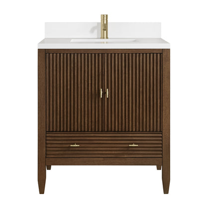 Renovate for Less Atlanta Myrrin 30" Single Vanity, Mid-Century Walnut w/ Single Hole 3 CM White Zeus Silestone Top and Matching Backsplash