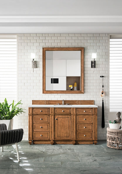 Renovate for Less Atlanta Bristol 60" Single Vanity, Saddle Brown w/ 3 CM Ethereal Noctis Silestone Top w/FreePower Wireless Charger