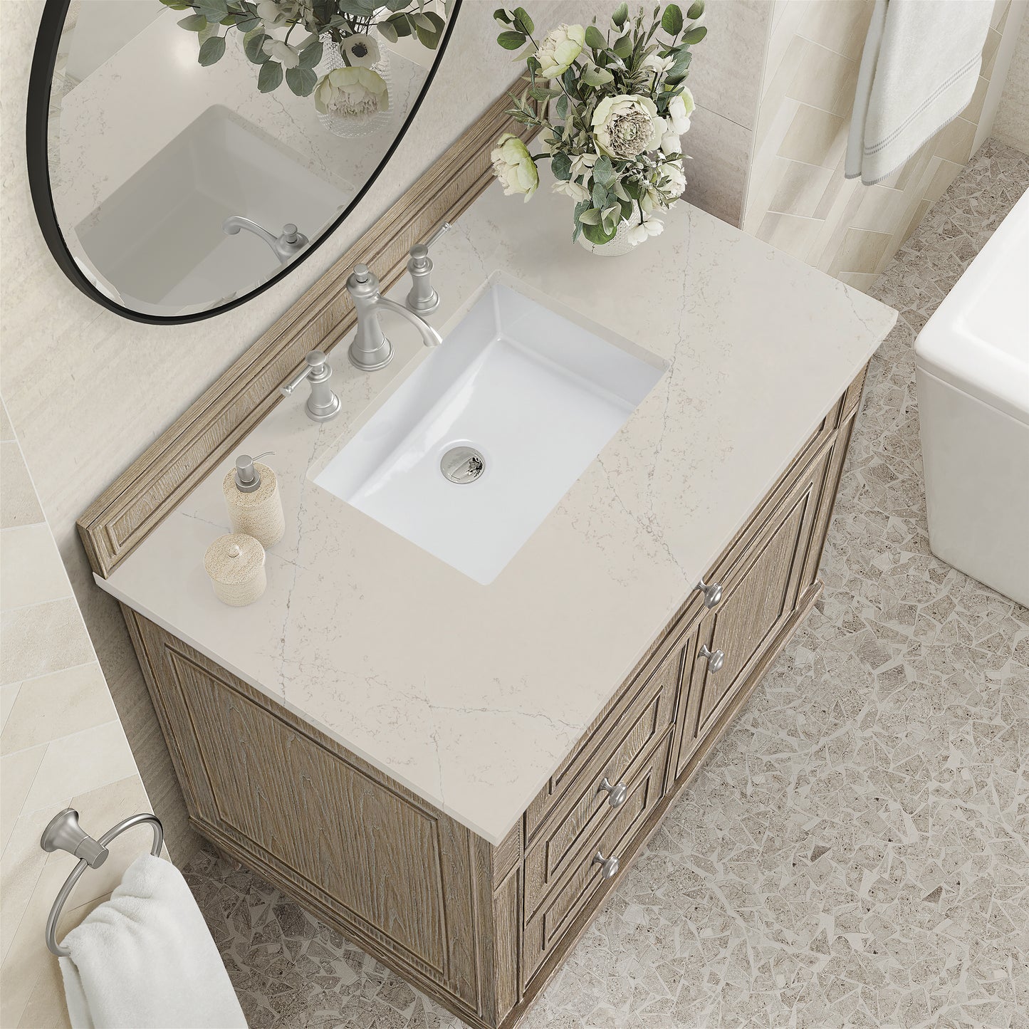 Renovate for Less Atlanta Lorelai 36" Single Vanity, Whitewashed Oak, w/ 3 CM Siberian Silestone Top