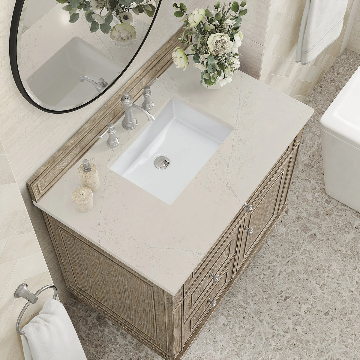 Lorelai 36" Single Vanity, Whitewashed Oak, w/ 3 CM Siberian Silestone Top