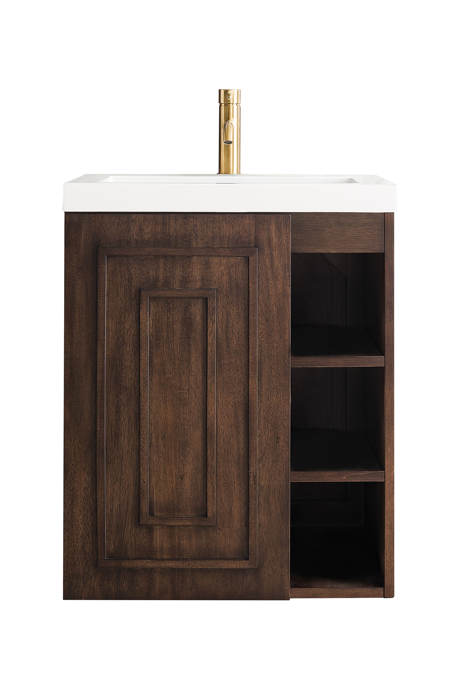 Renovate for Less Atlanta Alicante 24" Single Vanity, Mid-Century Acacia w/ White Glossy Composite Stone Top