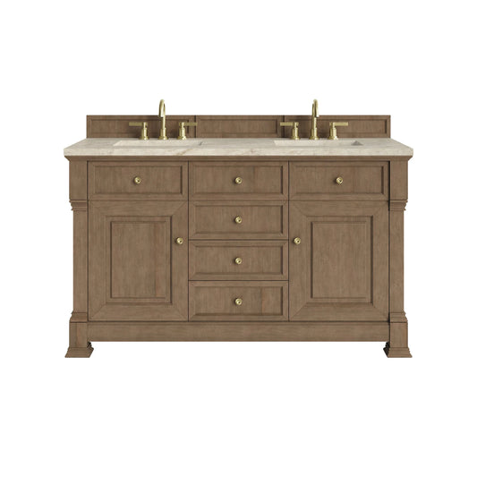 Brookfield 60" Double Vanity, Pecan, w/ 3 CM Tajnar Eclos Top