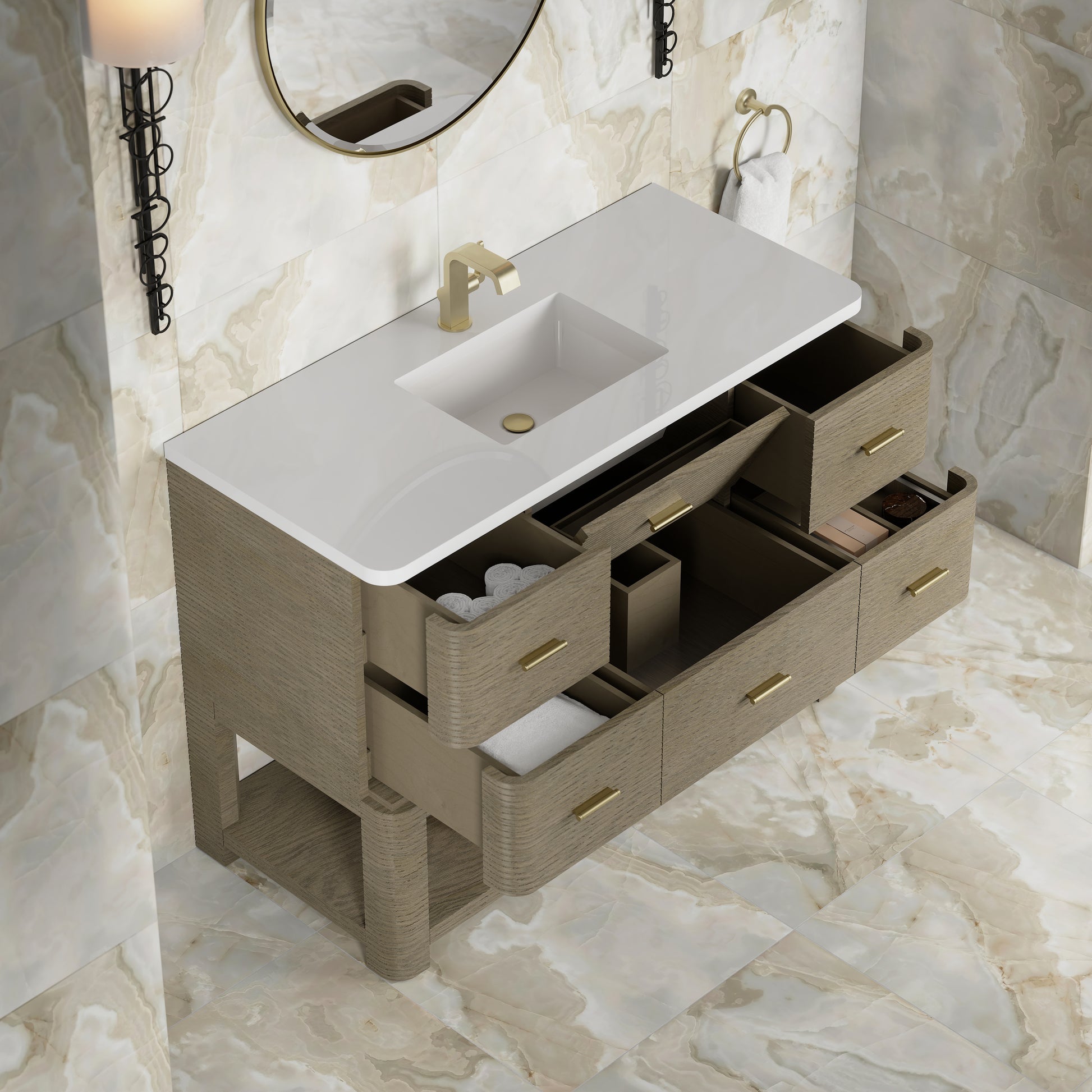 Renovate for Less Atlanta Lucian 48" Single Vanity, Pebble Oak w/ 3 CM White Zeus Silestone Top