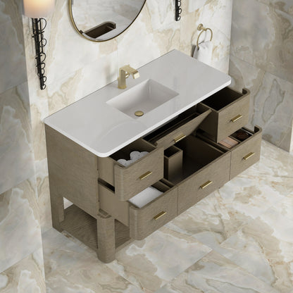 Renovate for Less Atlanta Lucian 48" Single Vanity, Pebble Oak w/ 3 CM White Zeus Silestone Top