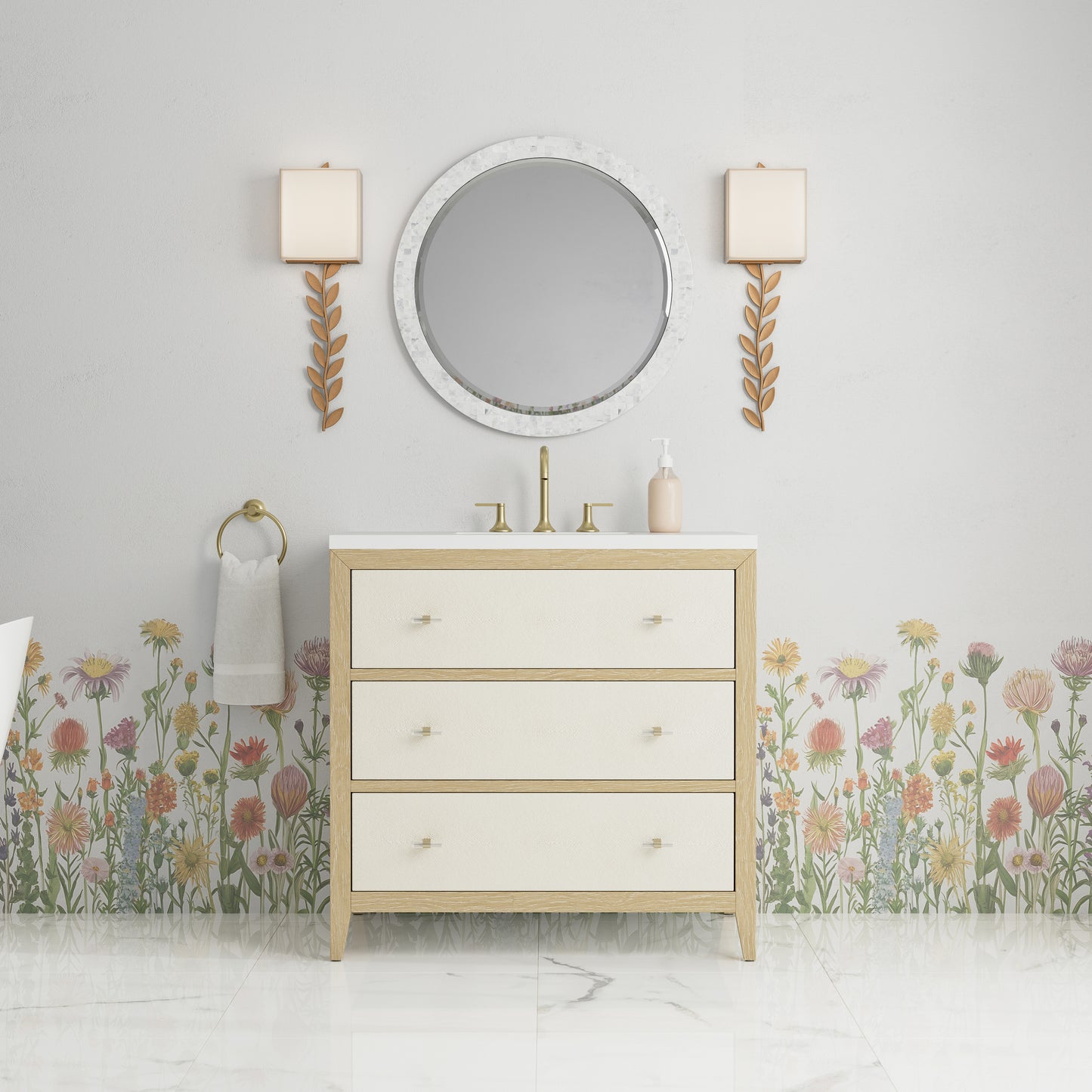 Renovate for Less Atlanta Celeste 36" Single Vanity, Sunwashed Oak with Embossed Shagreen w/ 3 CM White Zeus Silestone Top