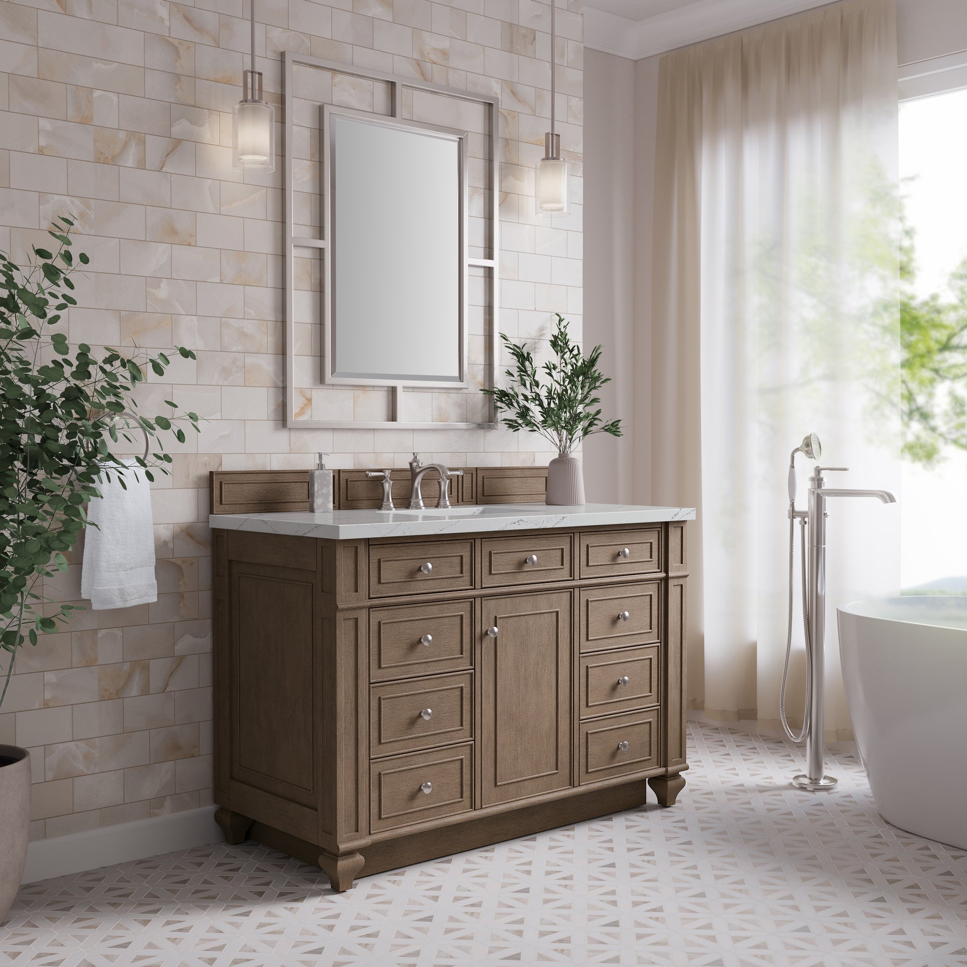 Renovate for Less Atlanta Bristol 48" Single Vanity, Whitewashed Walnut w/ 3 CM Ethereal Noctis Silestone Top