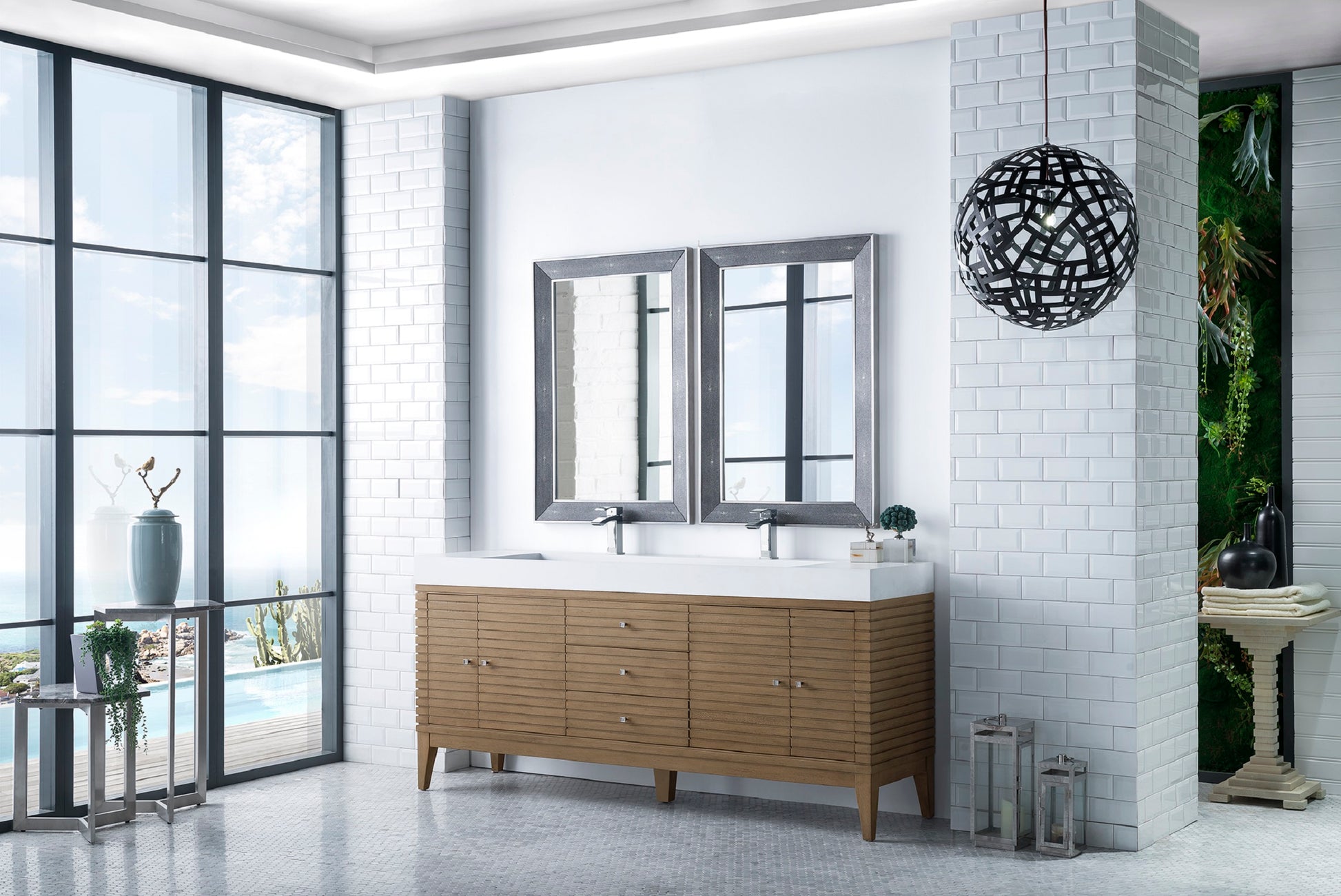Renovate for Less Atlanta Linear 72" Double Vanity Whitewashed Walnut w/ Glossy White Composite Stone Top